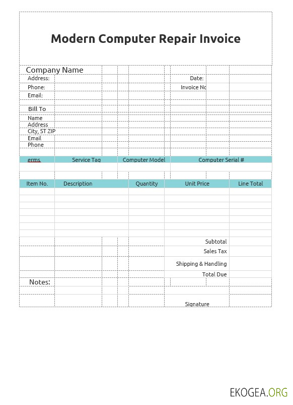 Modèle de facture de réparation d'ordinateur moderne
